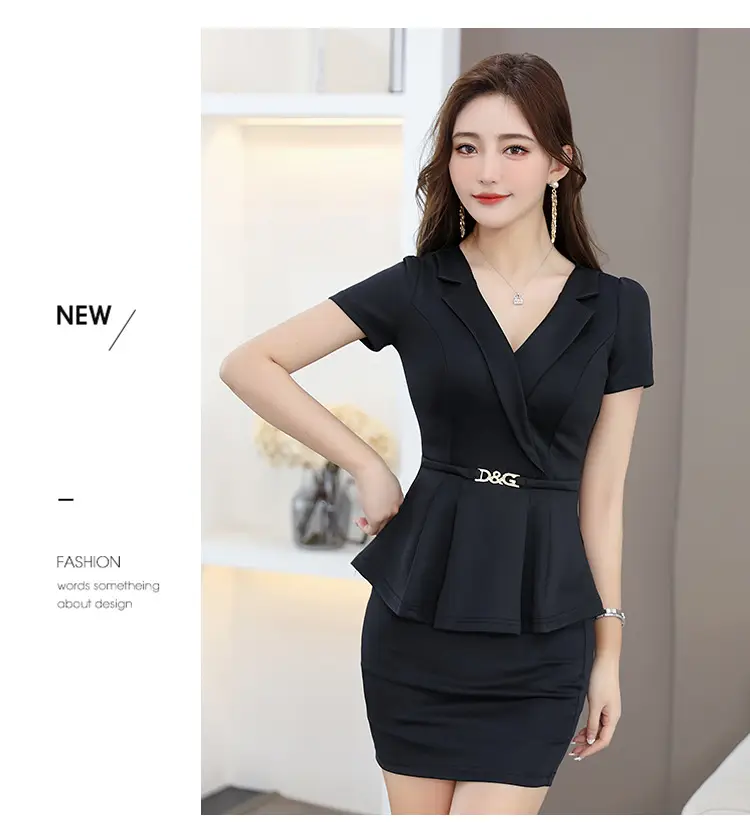 Black V-Neck Hip Short Sleeve Massage Workwear — feature 11