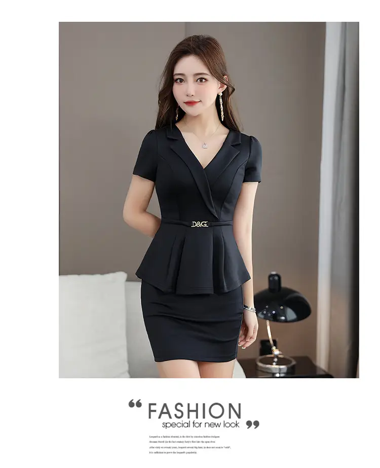 Black V-Neck Hip Short Sleeve Massage Workwear — feature 12