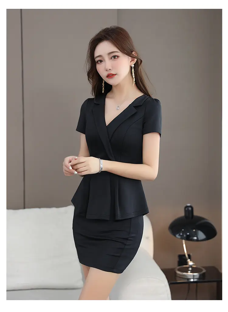 Black V-Neck Hip Short Sleeve Massage Workwear — feature 13