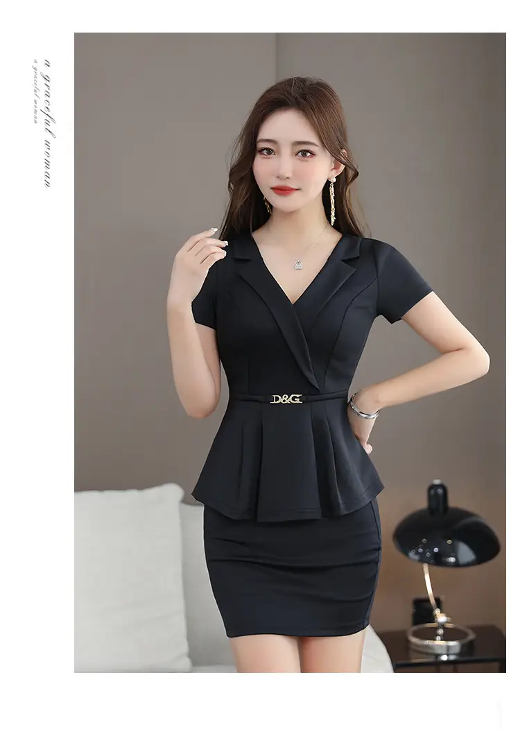 Black V-Neck Hip Short Sleeve Massage Workwear — feature 14