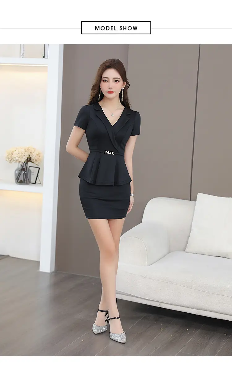 Black V-Neck Hip Short Sleeve Massage Workwear — feature 15
