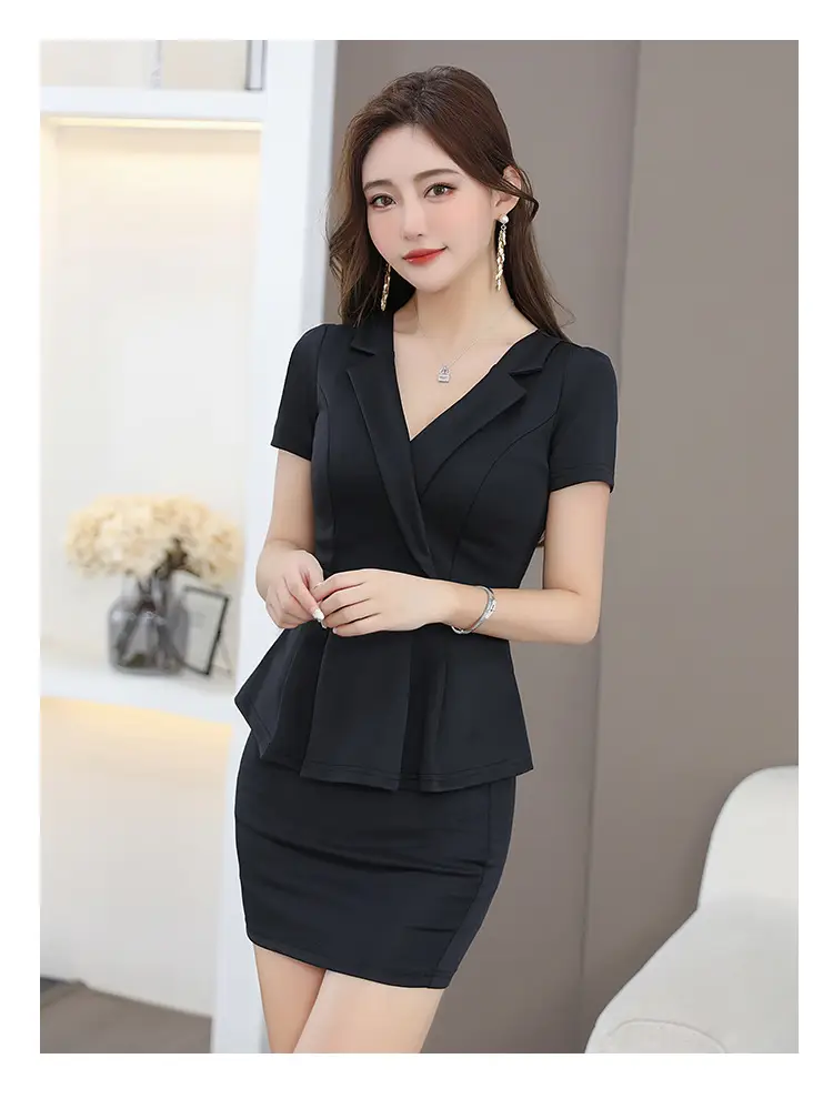 Black V-Neck Hip Short Sleeve Massage Workwear — feature 8