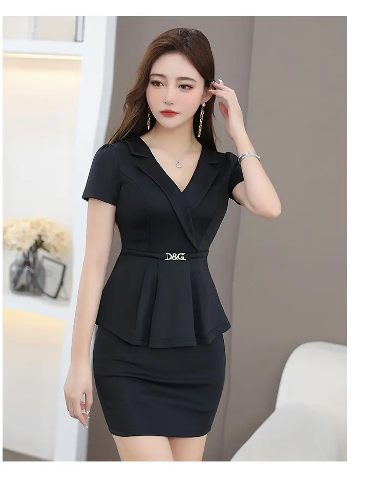 Black V-Neck Hip Short Sleeve Massage Workwear — feature 9