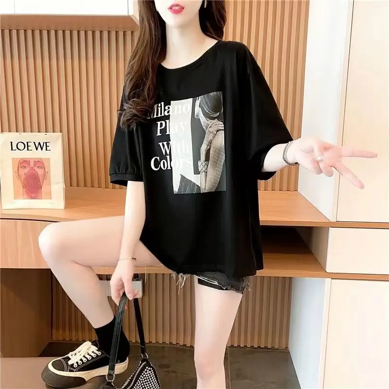 2023 Cotton Lace Top Summer Korean Style Loose T-shirt