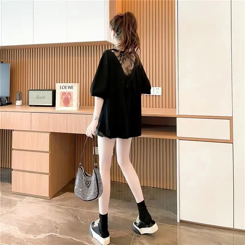 2023 Cotton Lace Top Summer Korean Style Loose T-shirt