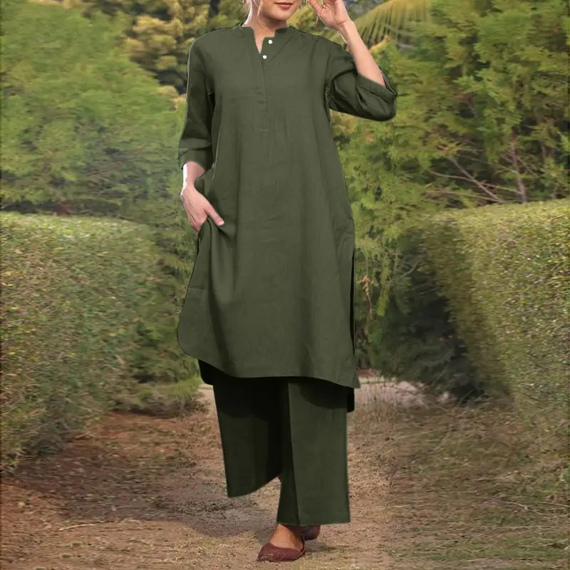 Plus Size Women's 2-Piece Cotton Linen Kurta Pants Set - Image 6