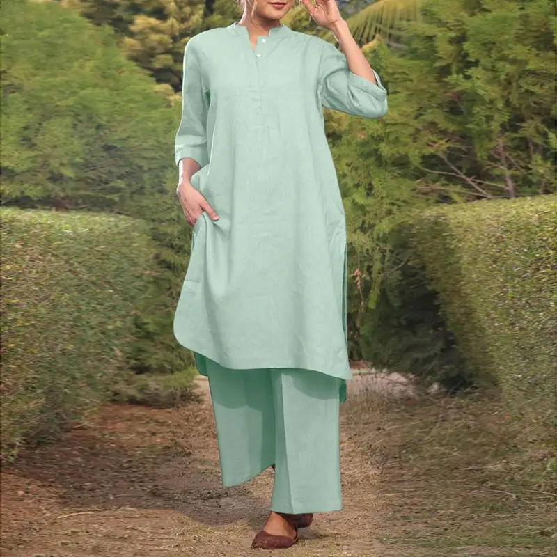 Plus Size Women's 2-Piece Cotton Linen Kurta Pants Set - Image 9