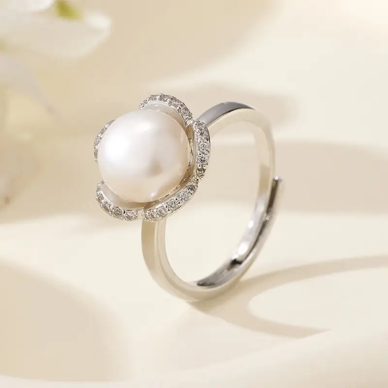Women's Pearl Flower Adjustable Ring with Zircon Opening - Image 3