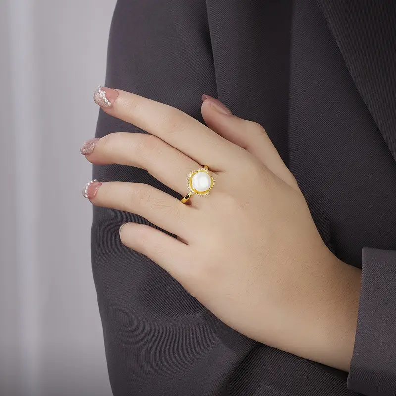 Women's Pearl Flower Adjustable Ring with Zircon Opening - Image 4