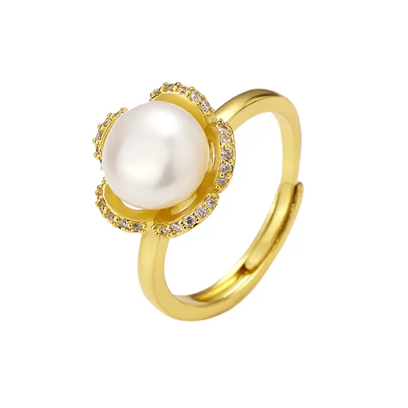 Women's Pearl Flower Adjustable Ring with Zircon Opening - Image 5
