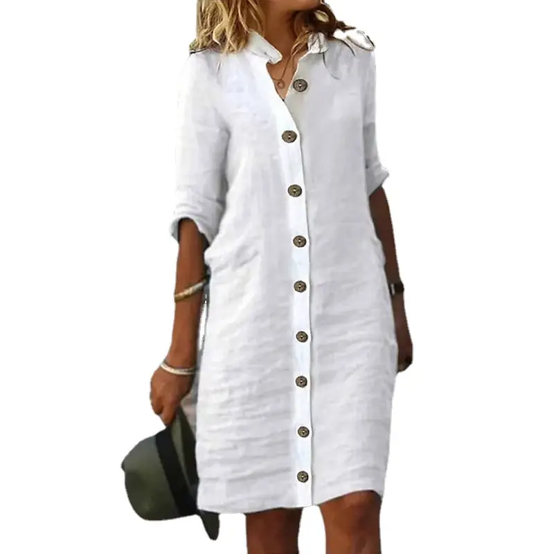Women's White Pure Color Single-Breasted Shirt Mid-Sleeve Long Top - Image 3