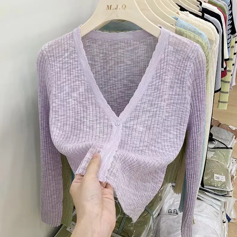 Women Knitted V-Neck Long Sleeve Top White - Image 4