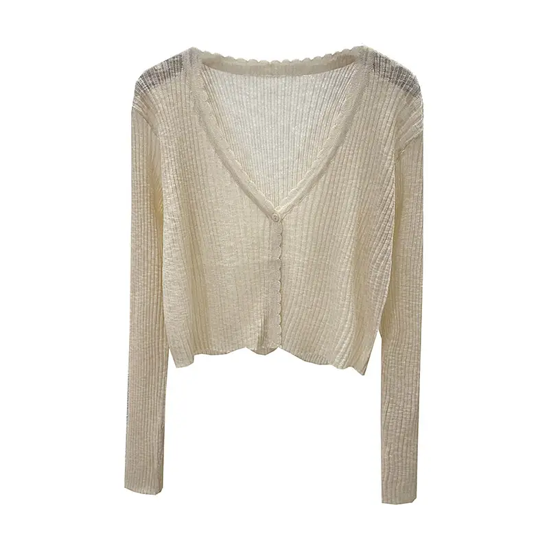 Women Knitted V-Neck Long Sleeve Top White - Image 6
