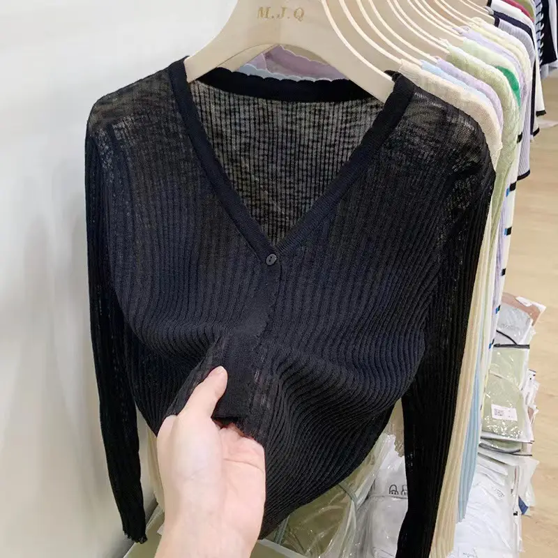 Women Knitted V-Neck Long Sleeve Top White - Image 2