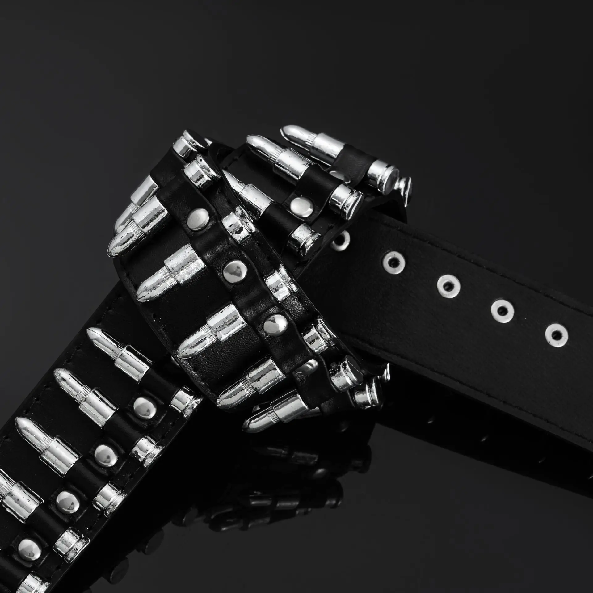 Black Punk Bullet Belt with Rivets and Buckle — feature 2