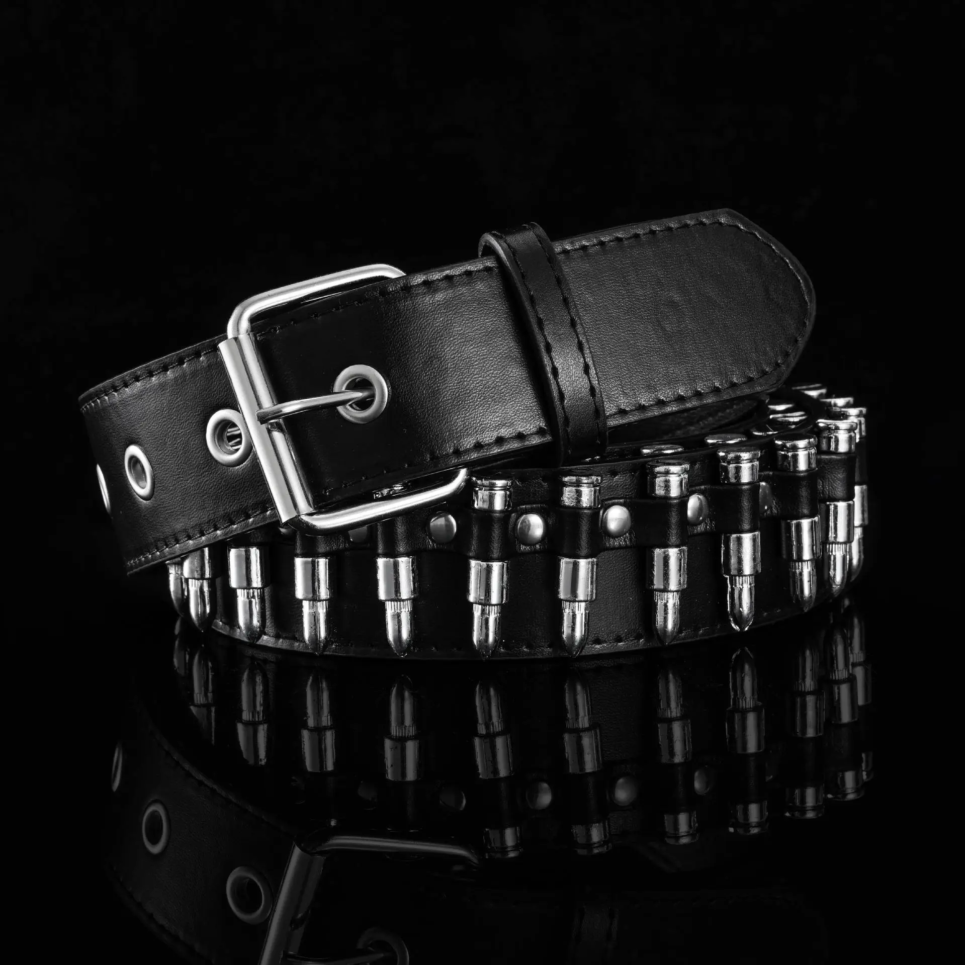 Black Punk Bullet Belt with Rivets and Buckle — feature 5