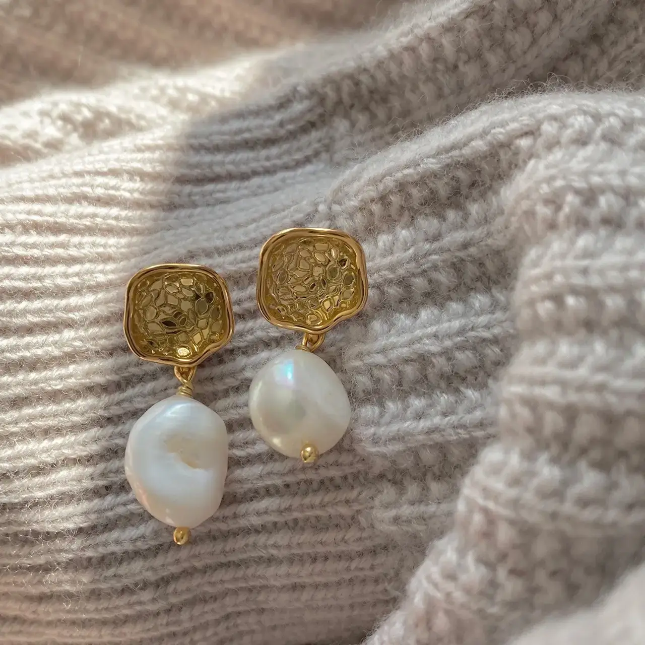 Retro Pearl Earrings Gold Plated Asymmetrical Baroque Design