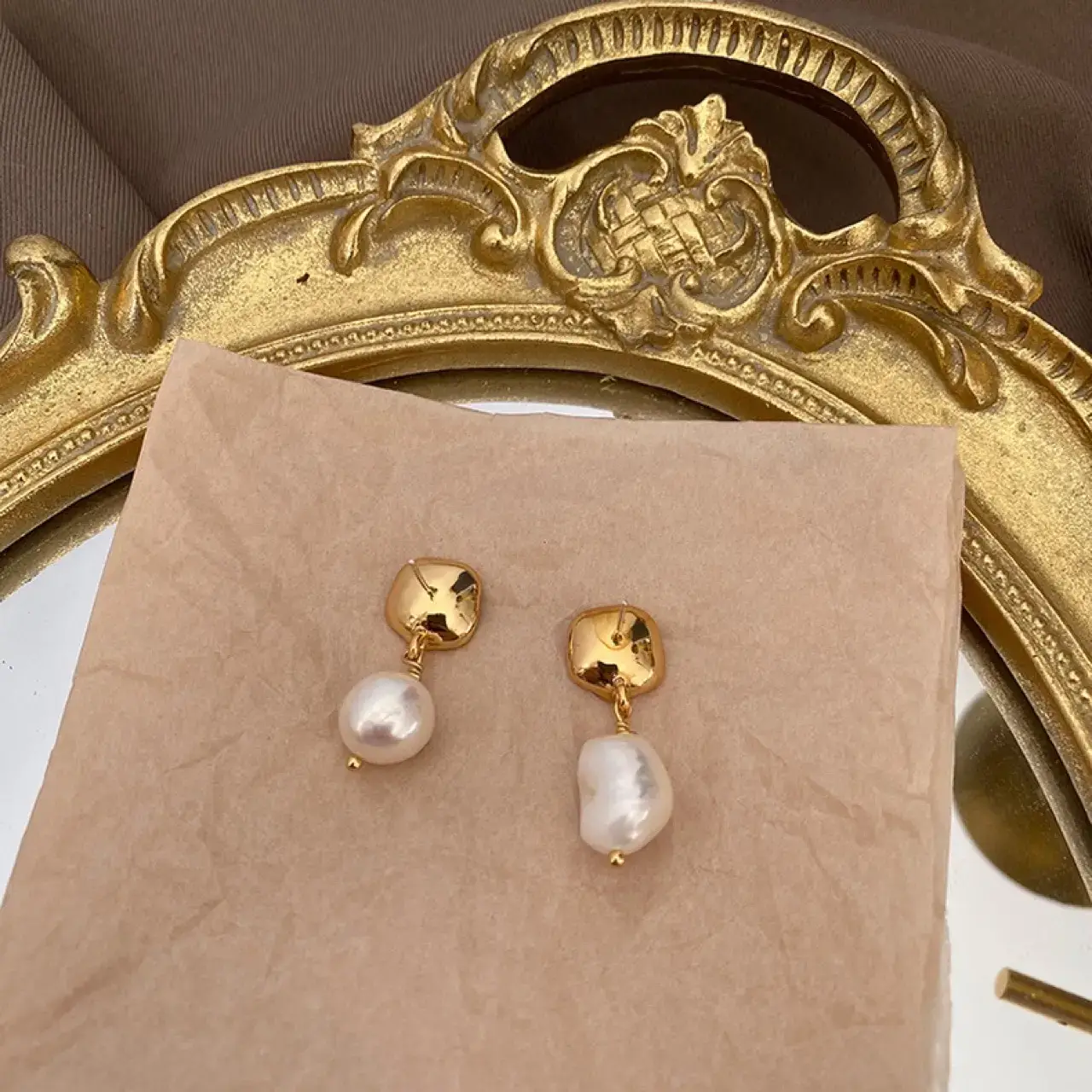 Retro Pearl Earrings Gold Plated Asymmetrical Baroque Design