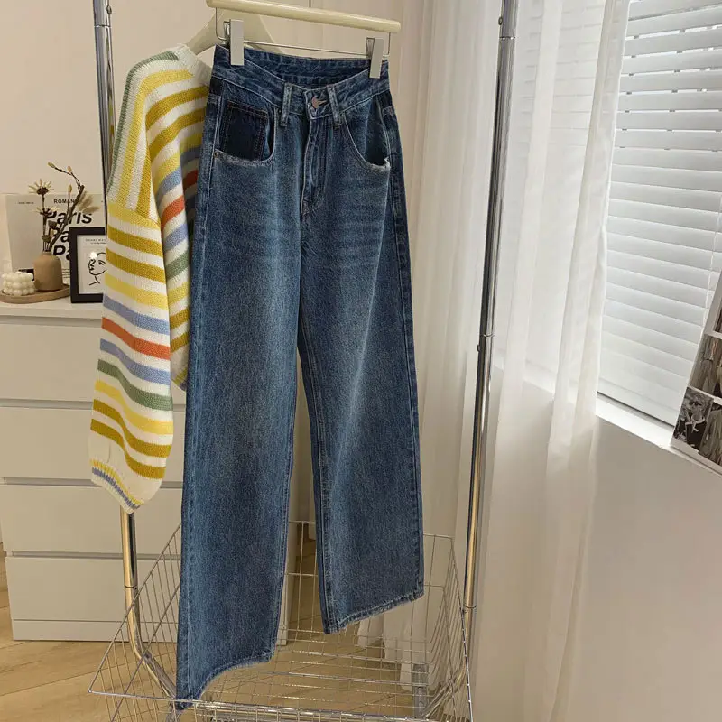 Women's Contrast Pocket Jeans High Waist Wide Leg Pants - Image 2