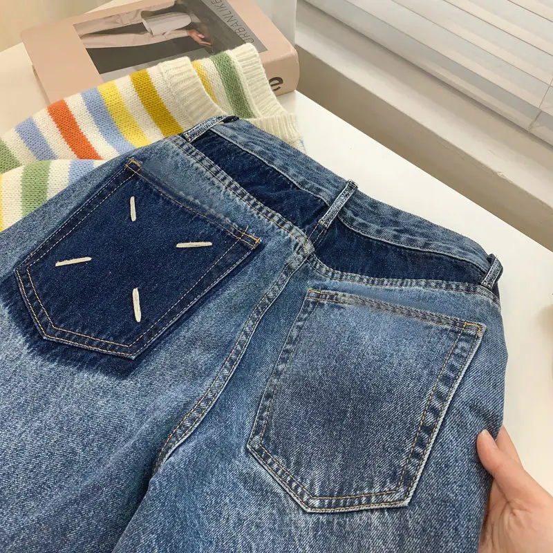 Women's Contrast Pocket Jeans High Waist Wide Leg Pants - Image 4