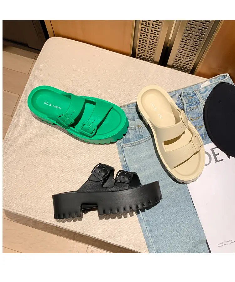 Women's Thick-Soled Outdoor Slippers, European and American Style, Trendy Double-Strap Flat Sandals, Internet Celebrity Casual Slip-On Slippers, Comfortable Ins-Style — feature 3