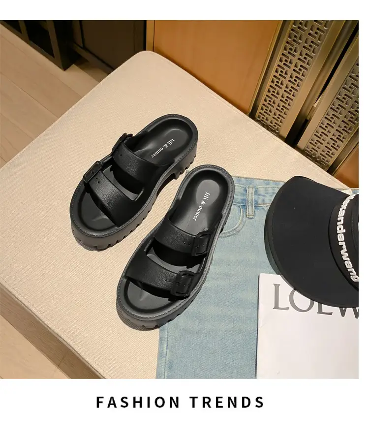 Women's Thick-Soled Outdoor Slippers, European and American Style, Trendy Double-Strap Flat Sandals, Internet Celebrity Casual Slip-On Slippers, Comfortable Ins-Style — feature 36
