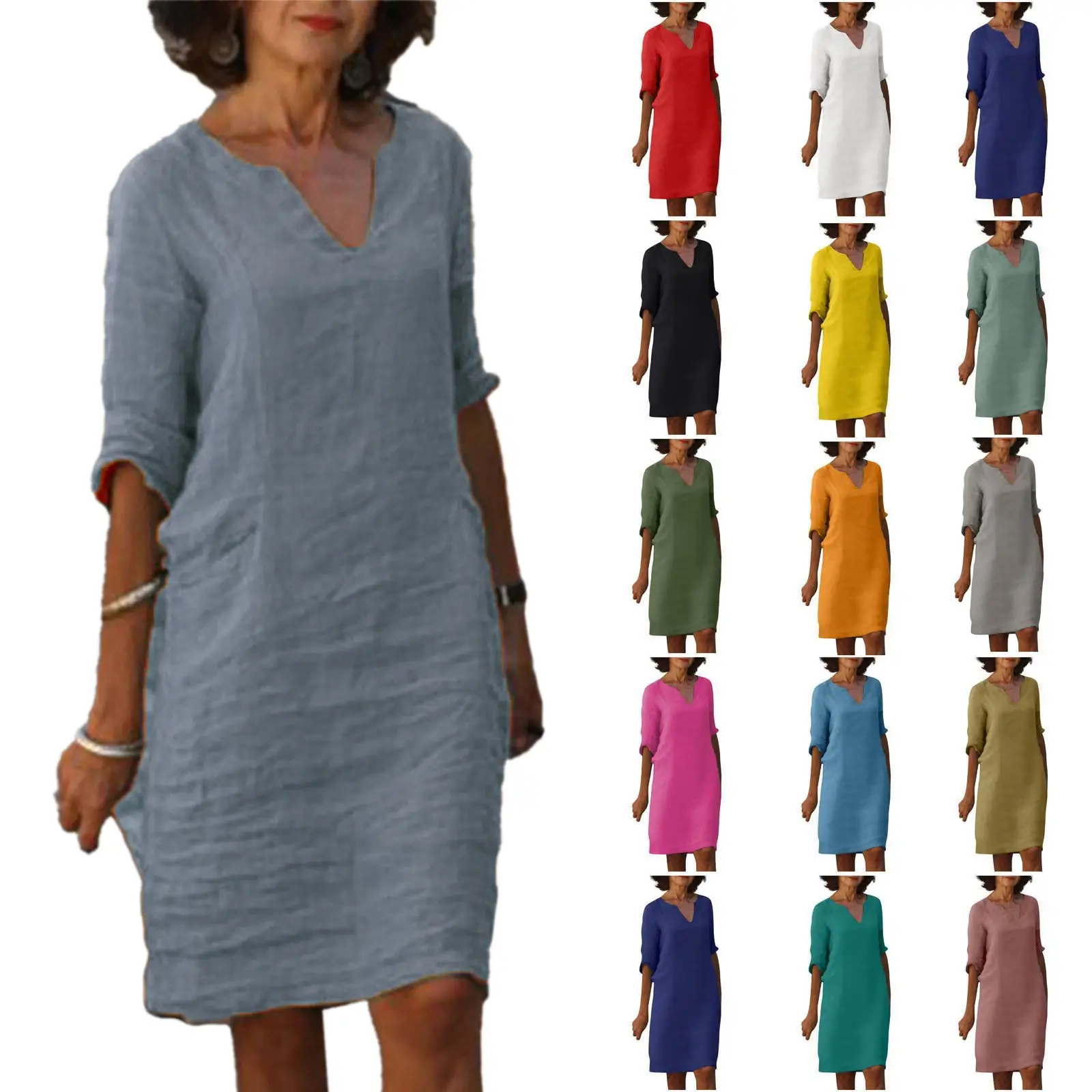 2023 Summer Women Cotton Linen V-neck Dress - Image 16