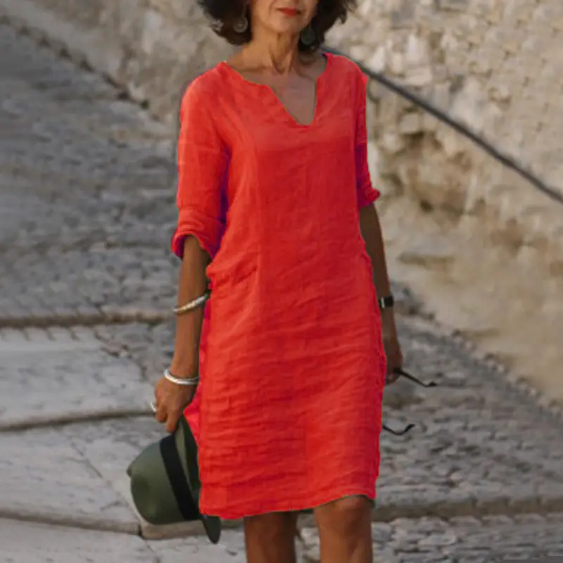 2023 Summer Women Cotton Linen V-neck Dress - Image 19