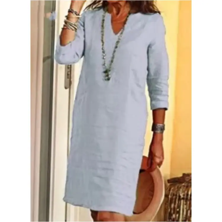 2023 Summer Women Cotton Linen V-neck Dress â feature 18