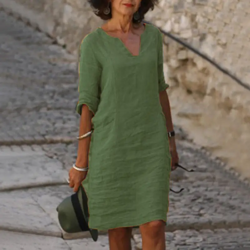 2023 Summer Women Cotton Linen V-neck Dress â feature 4