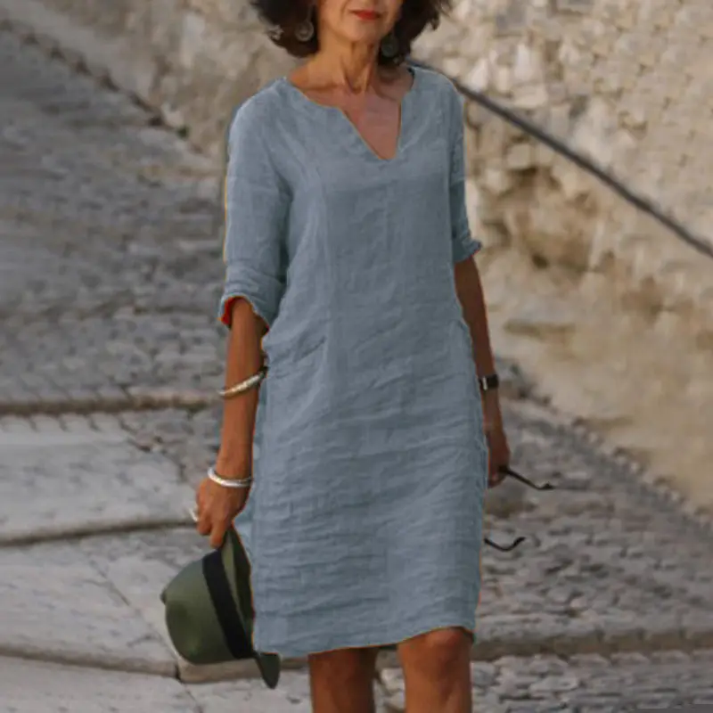 2023 Summer Women Cotton Linen V-neck Dress â feature 6