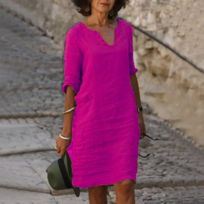 2023 Summer Women Cotton Linen V-neck Dress - Image 14