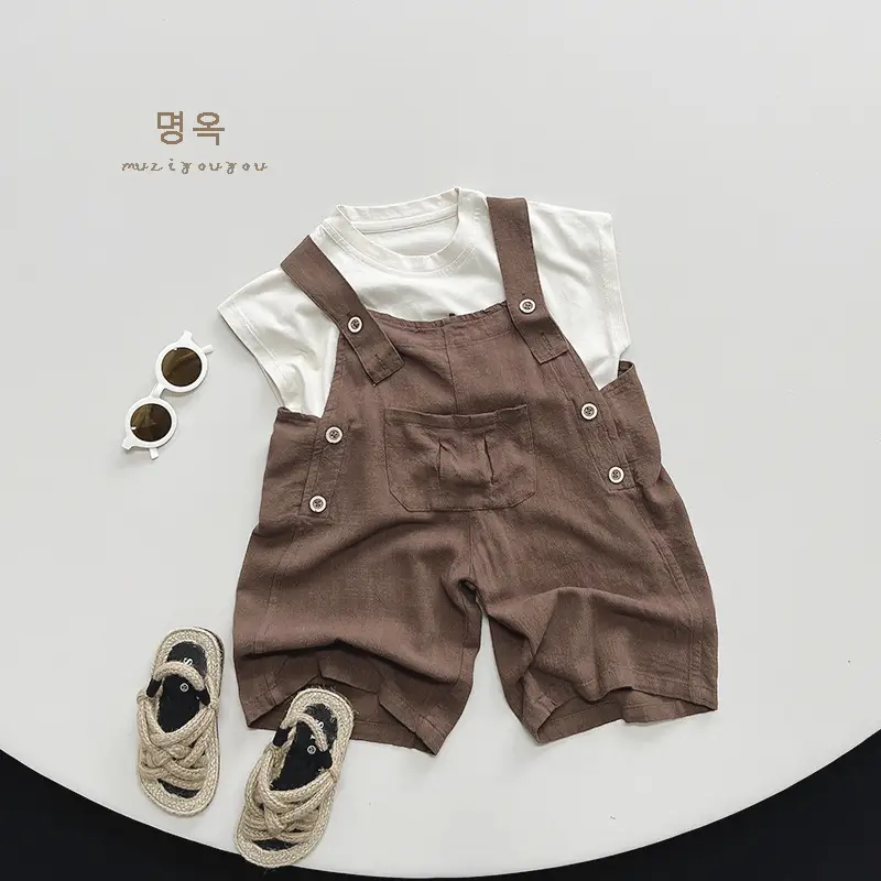 Kids Shaking Bunches Linen Cropped Pants Set Brown Beige - Image 4