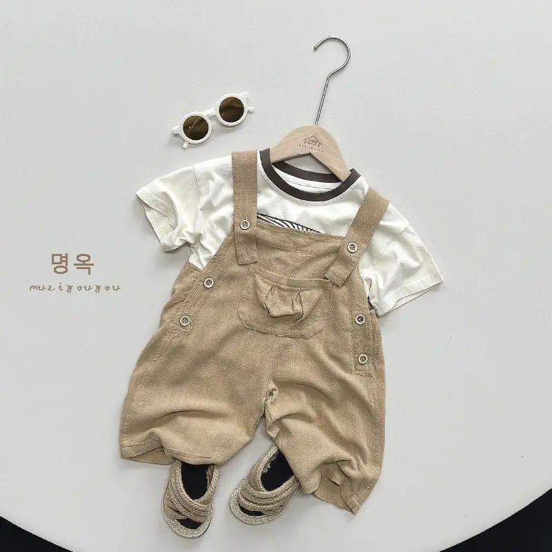 Kids Shaking Bunches Linen Cropped Pants Set Brown Beige - Image 5