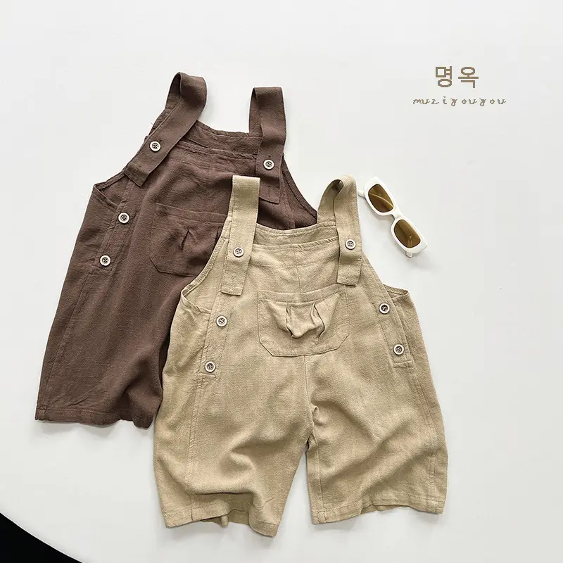 Kids Shaking Bunches Linen Cropped Pants Set Brown Beige — feature 19