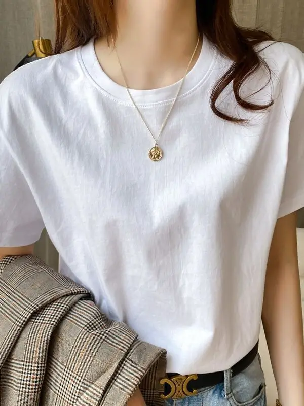 White Cotton T-Shirt Women Short Sleeve 2025 Summer