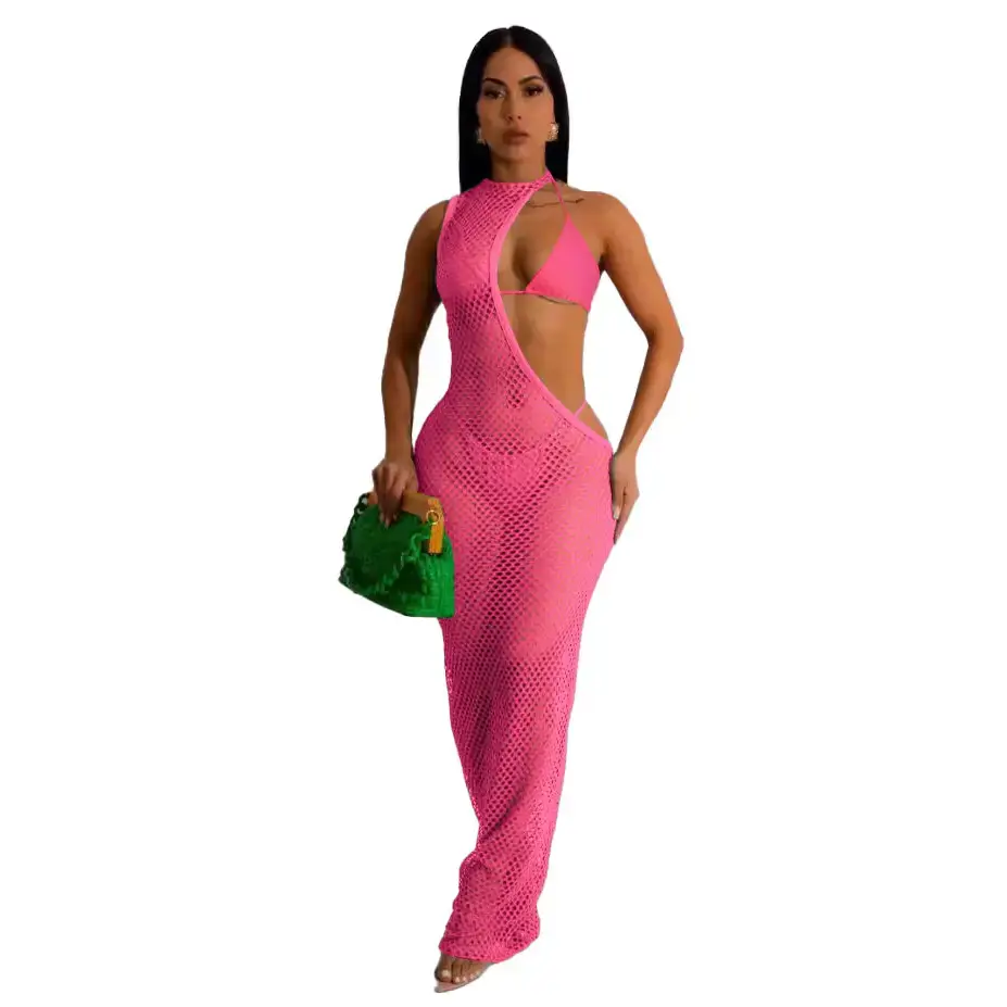 Pink Mesh Rope Top Three-Piece Beach Dress - Image 6