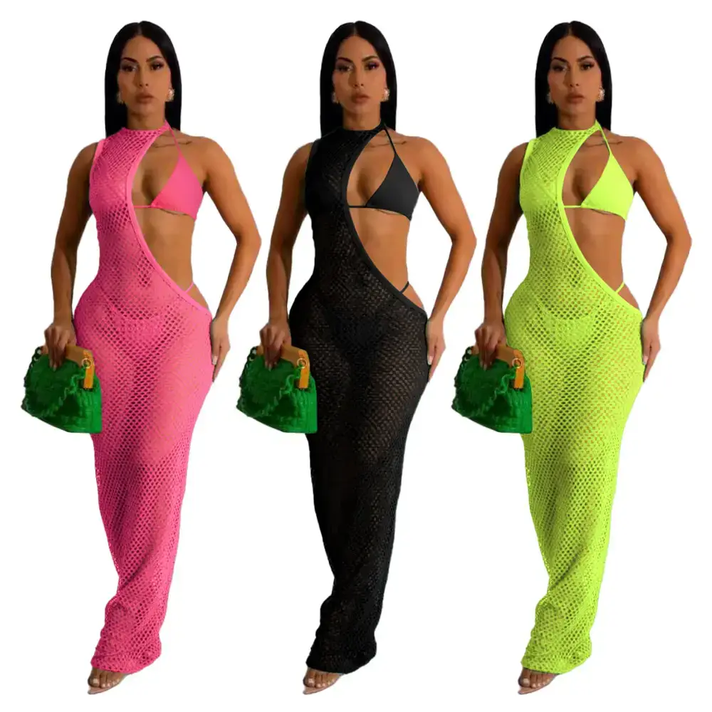 Pink Mesh Rope Top Three-Piece Beach Dress - Image 8