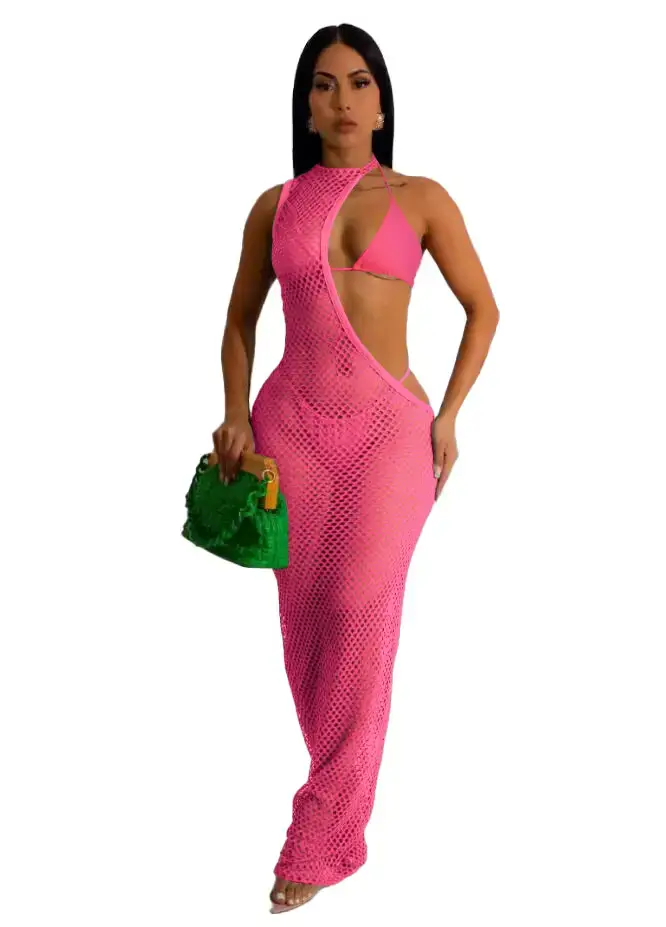 Pink Mesh Rope Top Three-Piece Beach Dress — feature 12