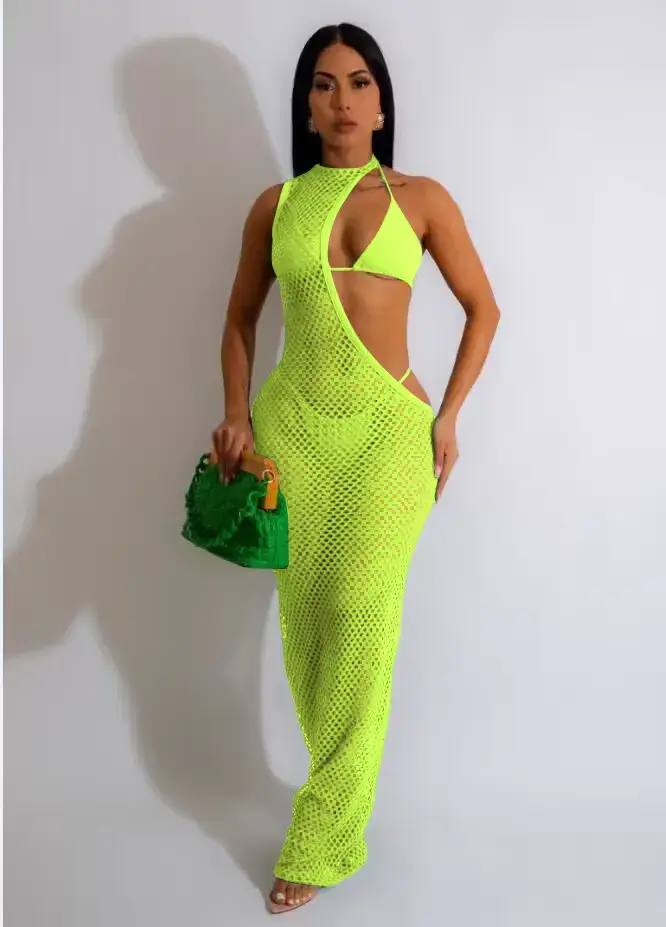 Pink Mesh Rope Top Three-Piece Beach Dress - Image 2