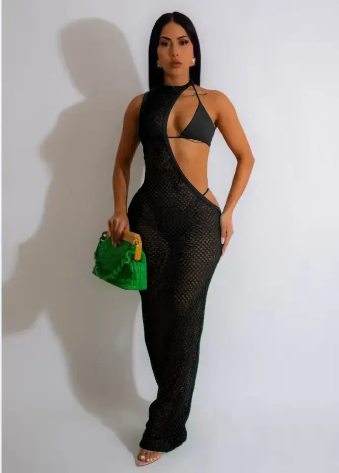 Pink Mesh Rope Top Three-Piece Beach Dress - Image 3