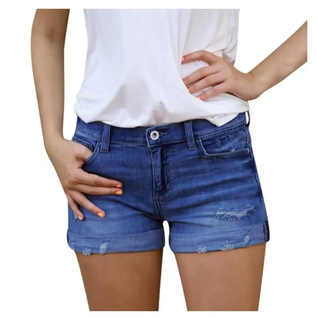 Elastic Slim Ripped Denim Shorts Women - Image 2