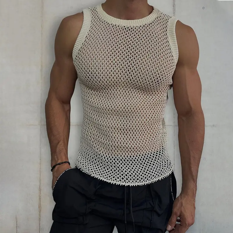 Men's Hollow Knitted Sleeveless Vest Solid Gray