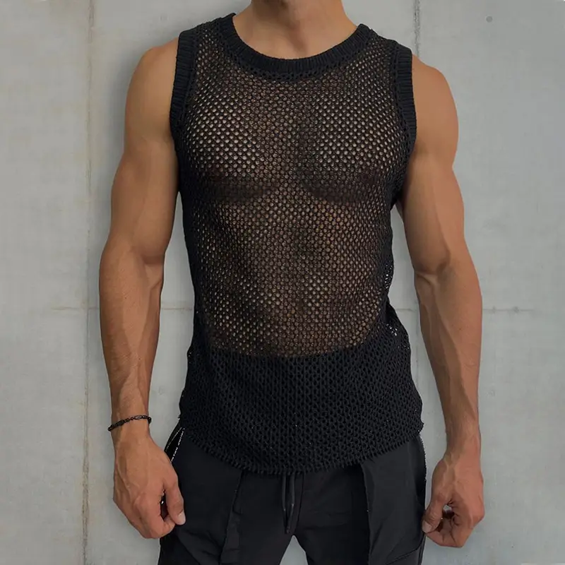 Men's Hollow Knitted Sleeveless Vest Solid Gray