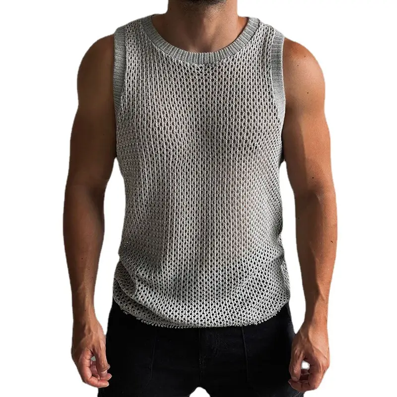 Men's Hollow Knitted Sleeveless Vest Solid Gray