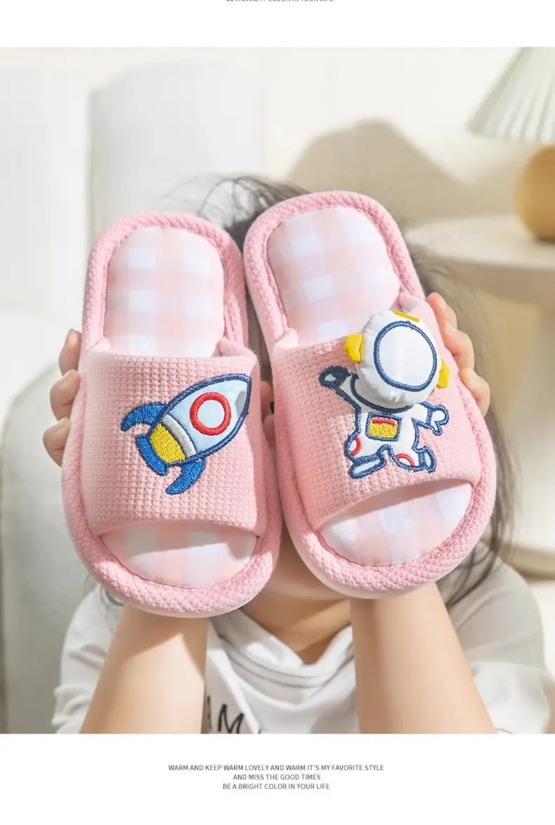 Xinwang Cartoon Linen Slippers Children's Four Seasons Home Wooden Floor Household Silent Cotton Linen Sweat Absorbing Slippers with Hair — feature 20