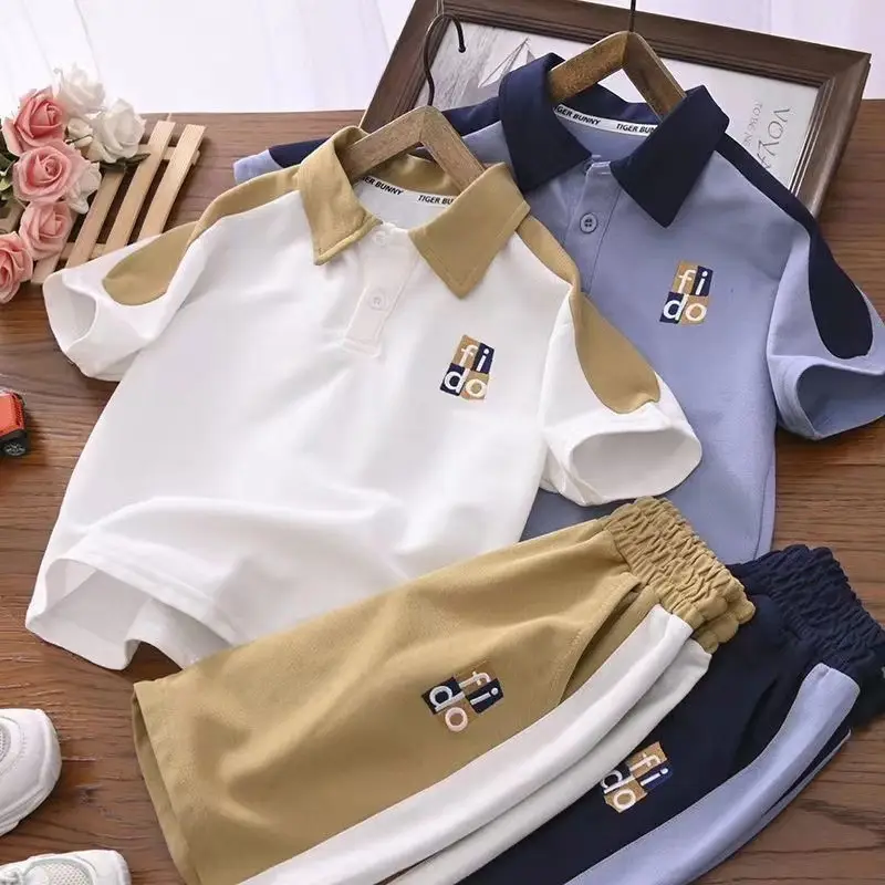 2023 Boys Summer Polo Track Suit Navy Blue Light Gray