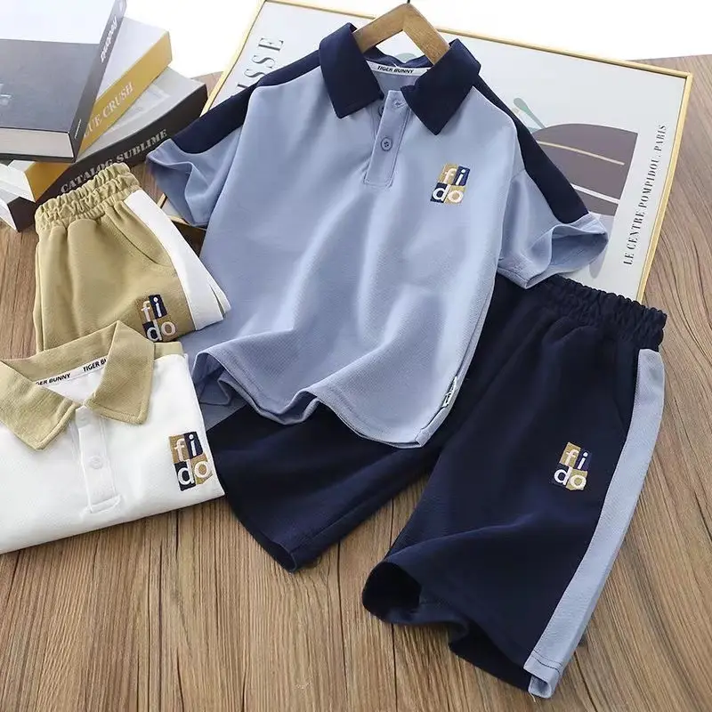 2023 Boys Summer Polo Track Suit Navy Blue Light Gray