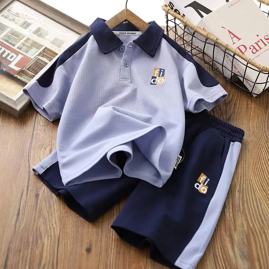 2023 Boys Summer Polo Track Suit Navy Blue Light Gray