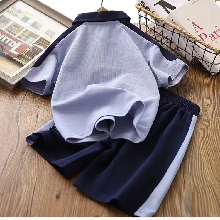 2023 Boys Summer Polo Track Suit Navy Blue Light Gray
